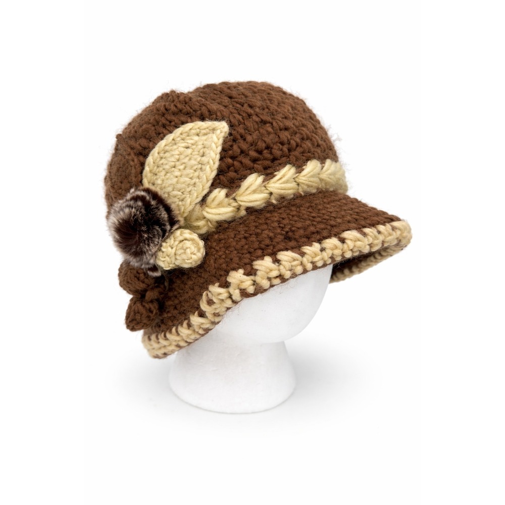 Women's Crochet Cloche Fleece Lined Winter Hat Faux Fur Flower Accent Brown Knit